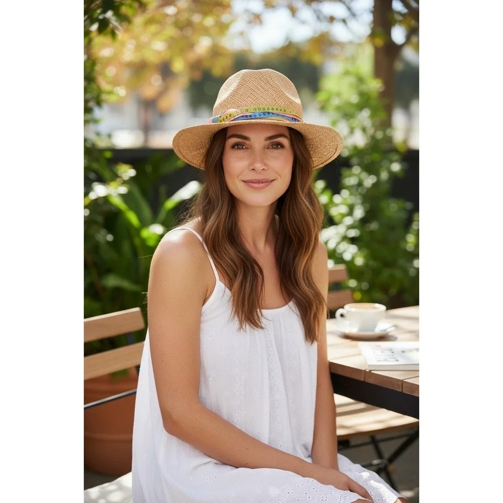 NWT Straw Fedora Sun Hat Boho Chic Cottagecore Coastal Beach Vacation Wear SZ OS
